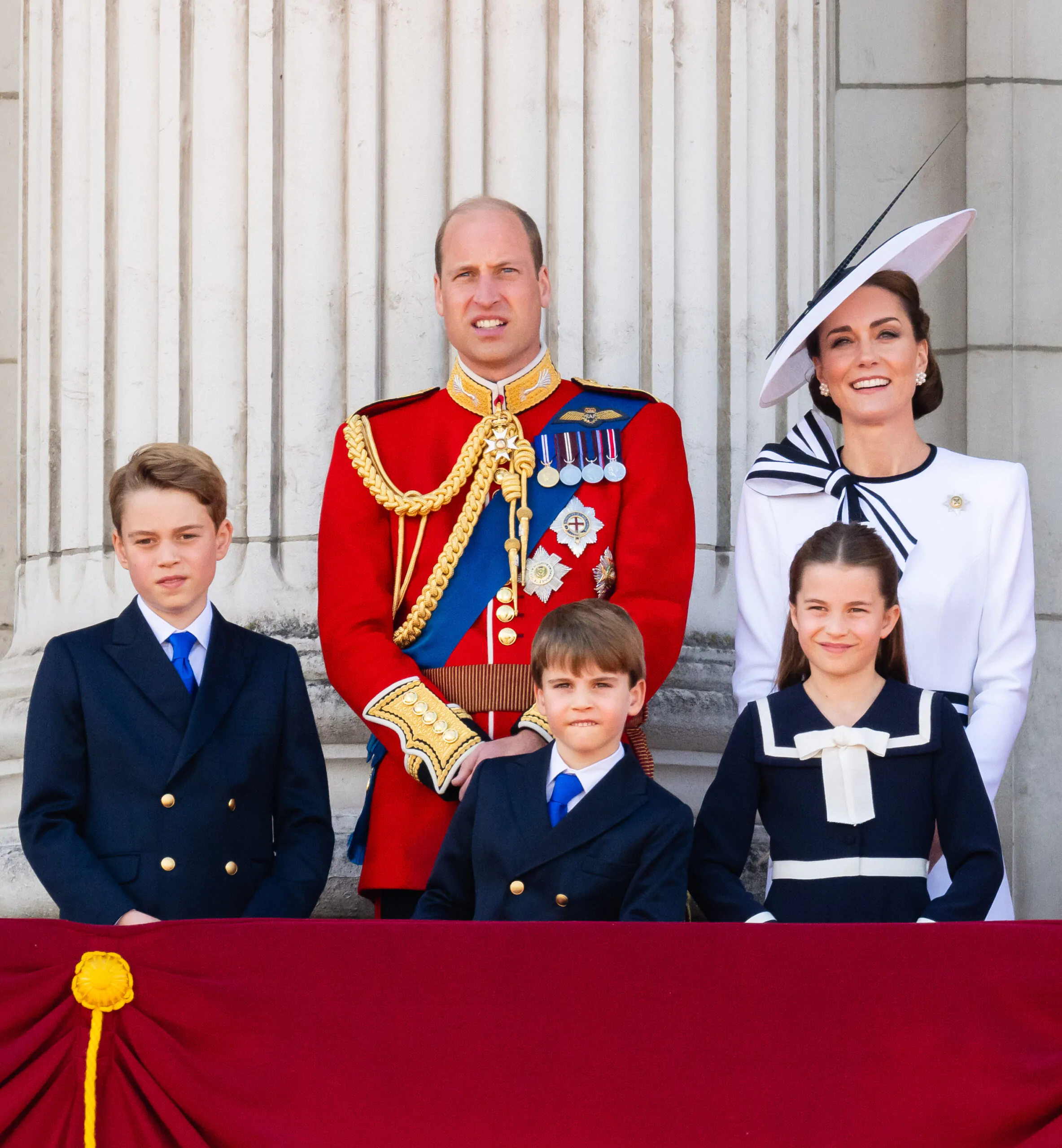 Prince George, Prince William, Princess Charlotte, Prince Louis and Kate Middleton during Trooping the Colour.