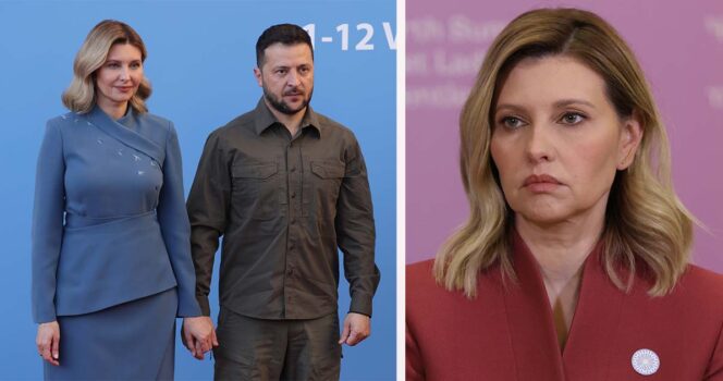 Olena Zelenska (left/right), Volodymyr Zelenskyy (middle). Credit: Getty Images