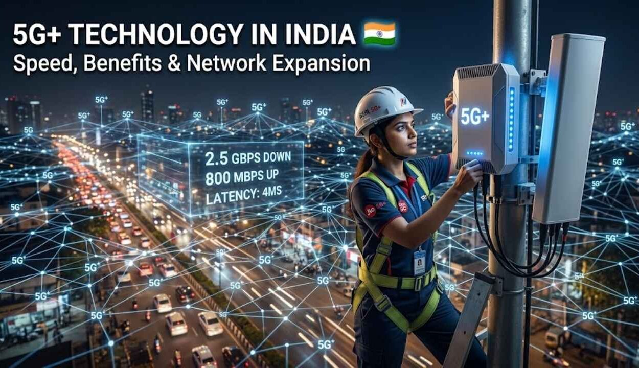5G towers and telecom workers installing high-speed network infrastructure in India