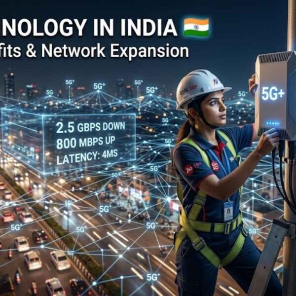 5G towers and telecom workers installing high-speed network infrastructure in India