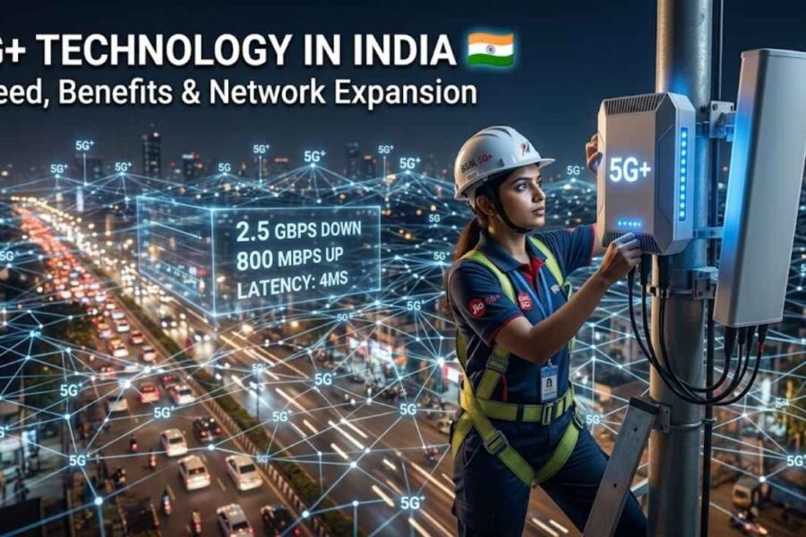 5G towers and telecom workers installing high-speed network infrastructure in India