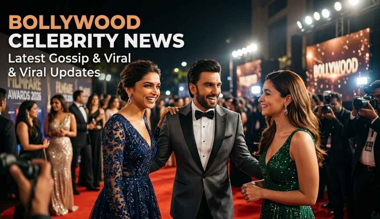 Bollywood celebrities at a red carpet event with media coverage and flashing cameras