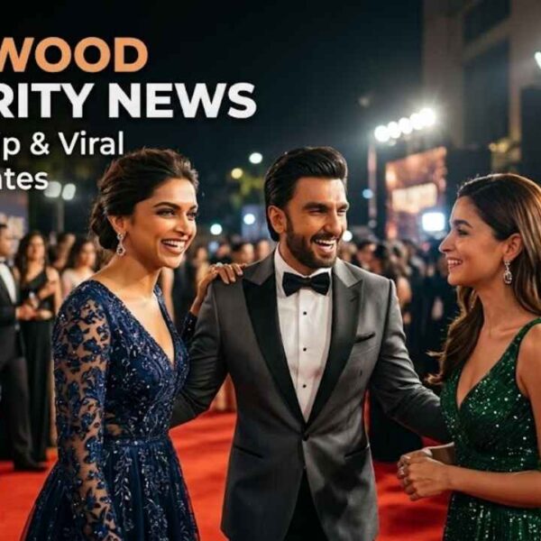 Bollywood celebrities at a red carpet event with media coverage and flashing cameras