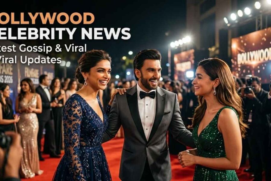 Bollywood celebrities at a red carpet event with media coverage and flashing cameras