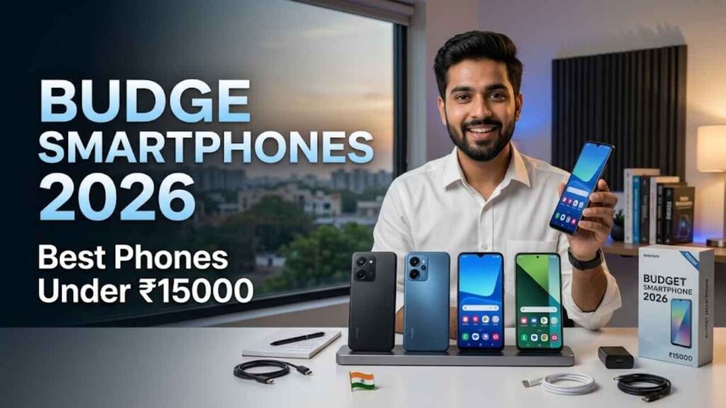 Budget Smartphones 2026 – Best Phones Under ₹15000 Budget smartphones under ₹15000 displayed with modern features and multiple brands in India