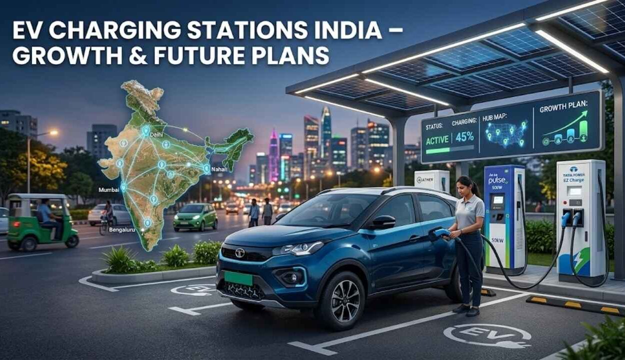 Electric vehicle charging station in India with cars charging and technicians working on infrastructure