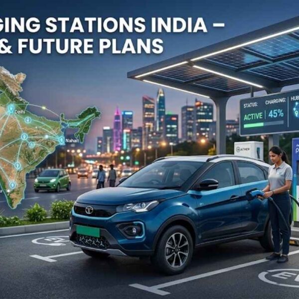 Electric vehicle charging station in India with cars charging and technicians working on infrastructure