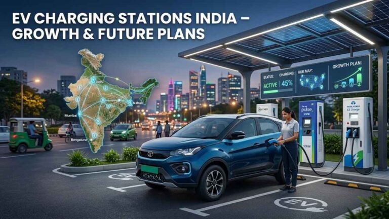 Electric vehicle charging station in India with cars charging and technicians working on infrastructure
