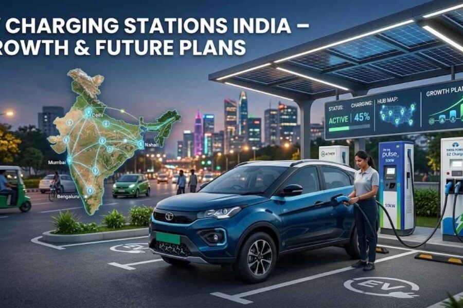 Electric vehicle charging station in India with cars charging and technicians working on infrastructure