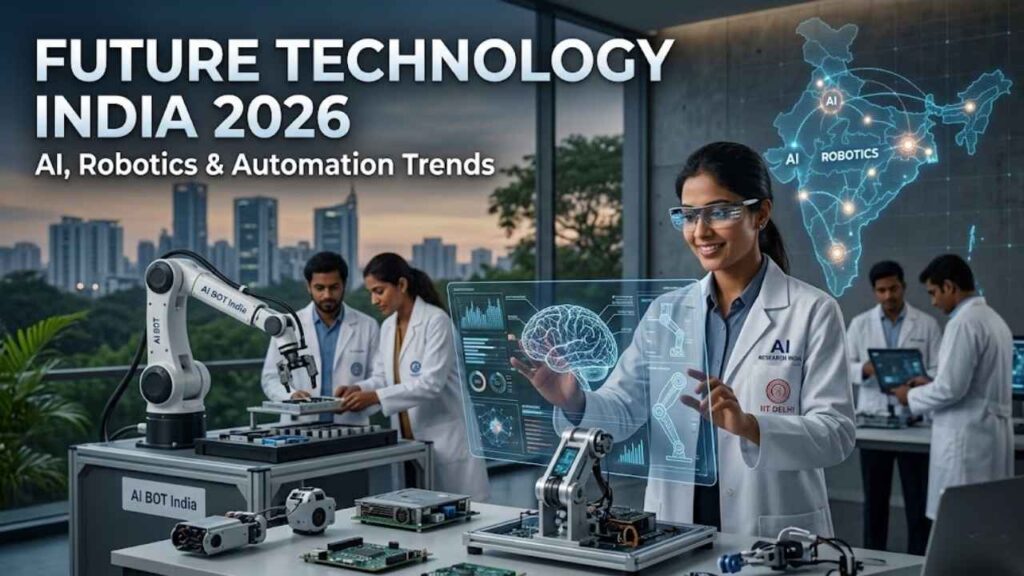 Future Technology India 2026 – AI, Robotics & Automation Trends Advanced AI robotics and automation technology setup in India showing smart machines and digital systems