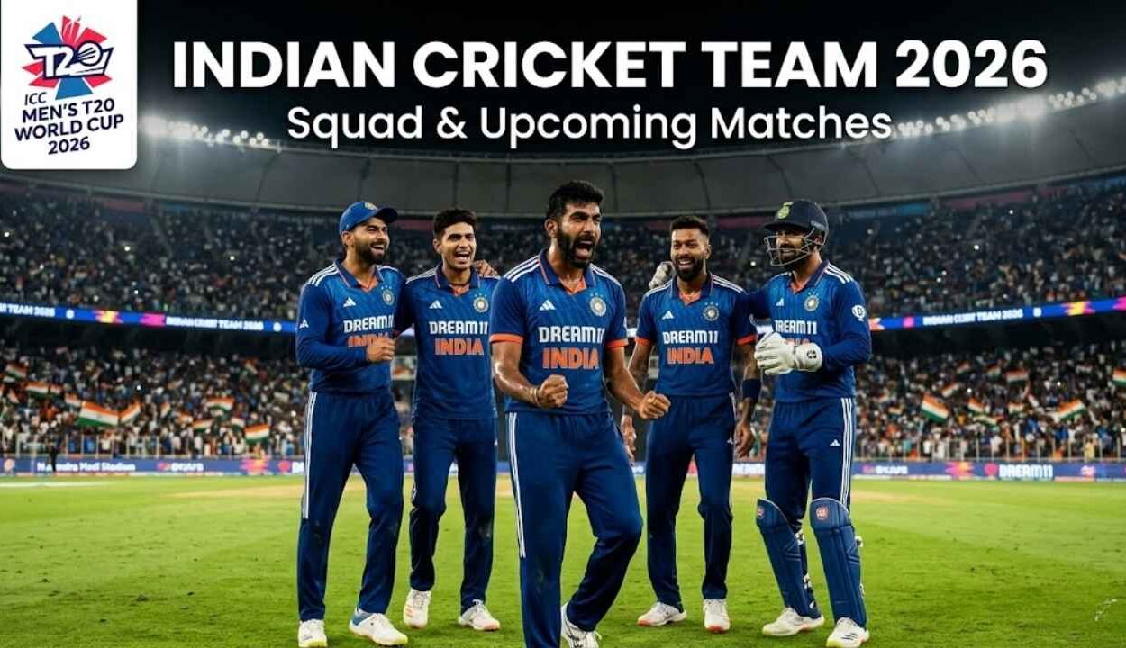 Indian cricket team 2026 squad and upcoming matches with stadium background