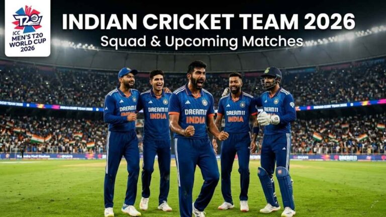 Indian cricket team 2026 squad and upcoming matches with stadium background