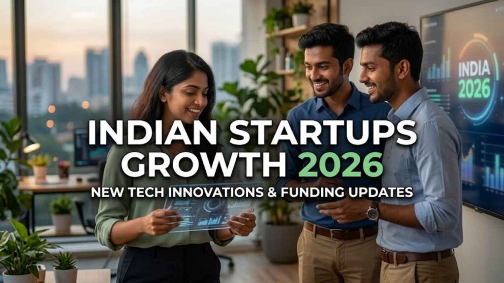 Indian Startups Growth 2026 – New Tech Innovations & Funding Updates Indian startup ecosystem with tech companies, offices, and innovation hubs