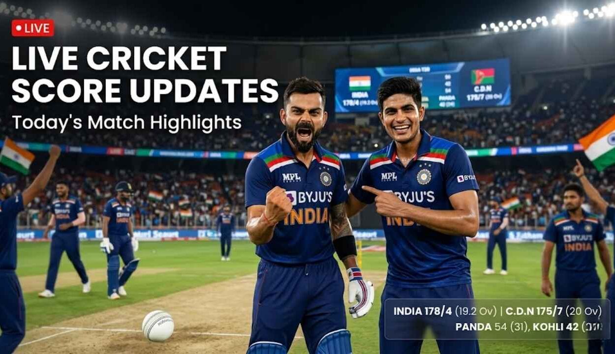 Live cricket score app interface showing real-time updates, match highlights, and player statistics on a smartphone