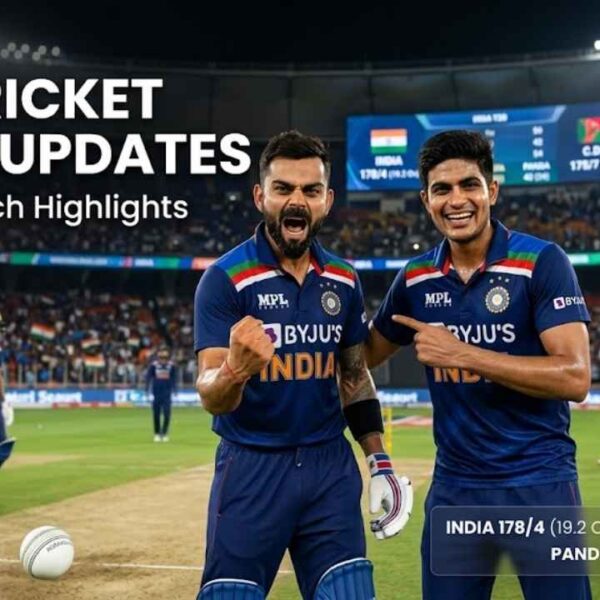 Live cricket score app interface showing real-time updates, match highlights, and player statistics on a smartphone