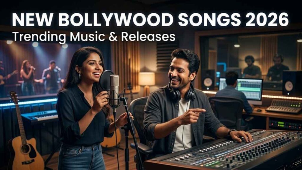 New Bollywood Songs 2026 – Trending Music & Releases Bollywood music production studio with artists recording songs and digital equipment setup