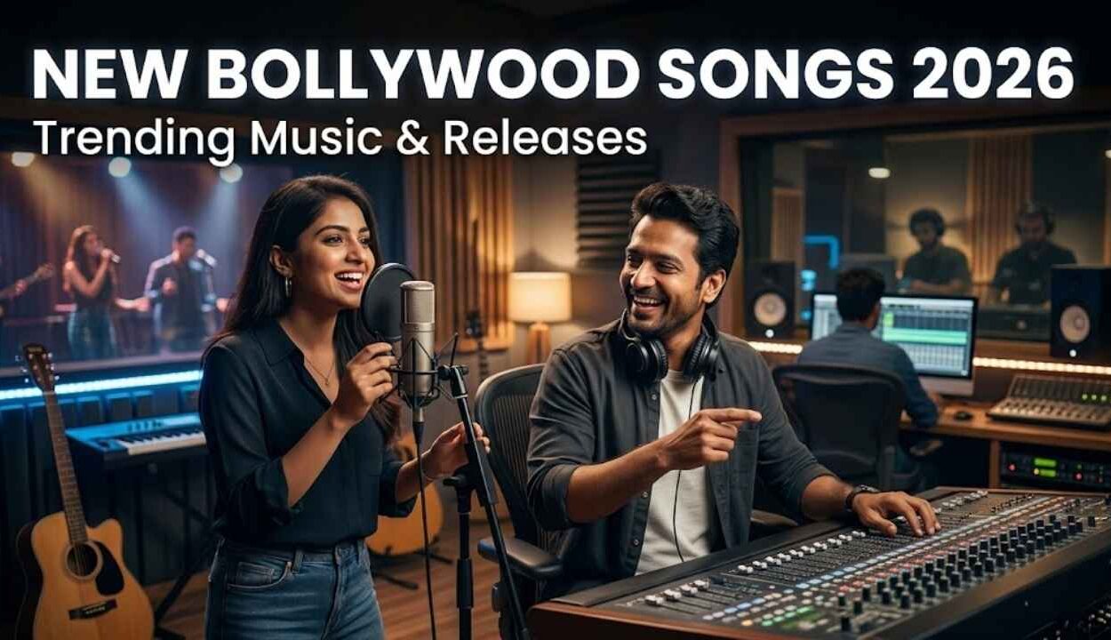 Bollywood music production studio with artists recording songs and digital equipment setup