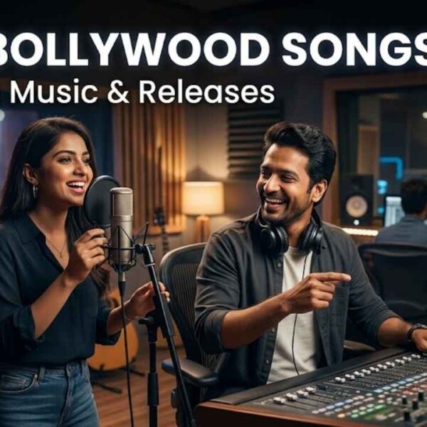 Bollywood music production studio with artists recording songs and digital equipment setup