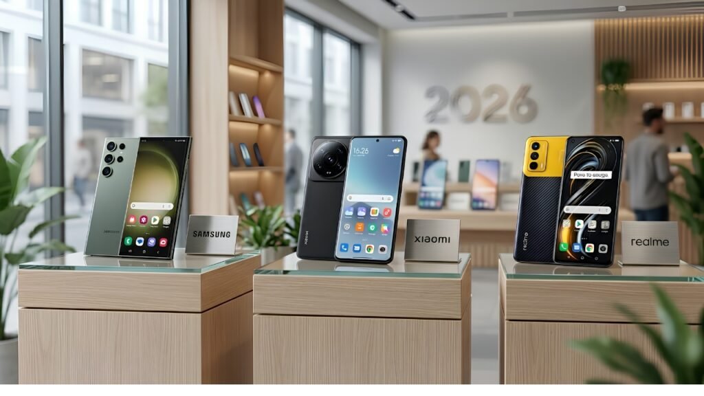 Samsung vs Xiaomi vs Realme smartphone comparison chart showing features, cameras, battery life, performance, and overall value in 2026.