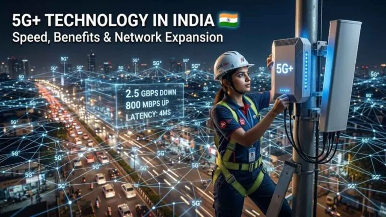 5G towers and telecom workers installing high-speed network infrastructure in India