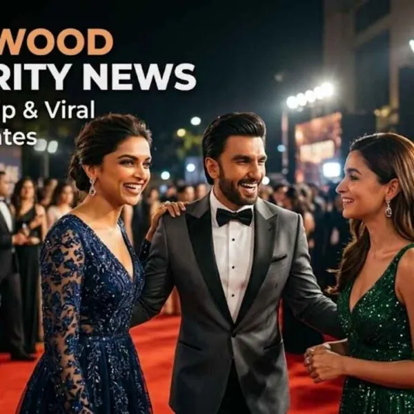 Bollywood celebrities at a red carpet event with media coverage and flashing cameras