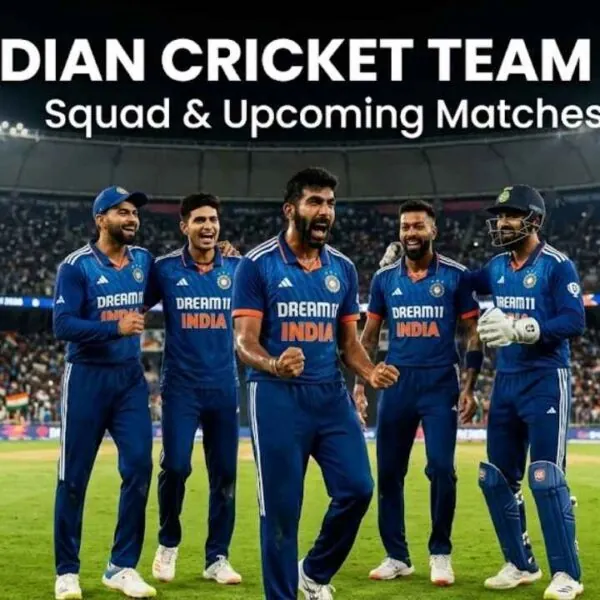 Indian cricket team 2026 squad and upcoming matches with stadium background
