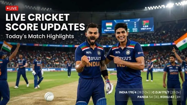 Live cricket score app interface showing real-time updates, match highlights, and player statistics on a smartphone