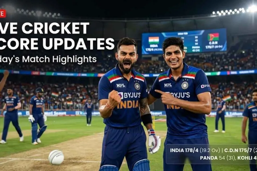 Live cricket score app interface showing real-time updates, match highlights, and player statistics on a smartphone