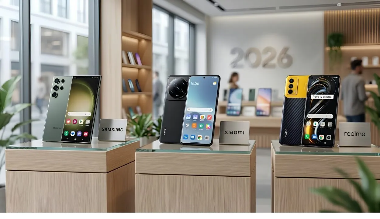 Samsung vs Xiaomi vs Realme smartphone comparison chart showing features, cameras, battery life, performance, and overall value in 2026.