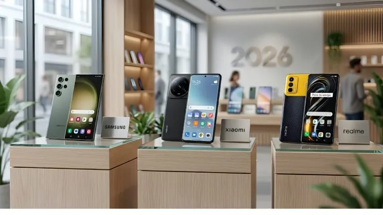 Samsung vs Xiaomi vs Realme smartphone comparison chart showing features, cameras, battery life, performance, and overall value in 2026.